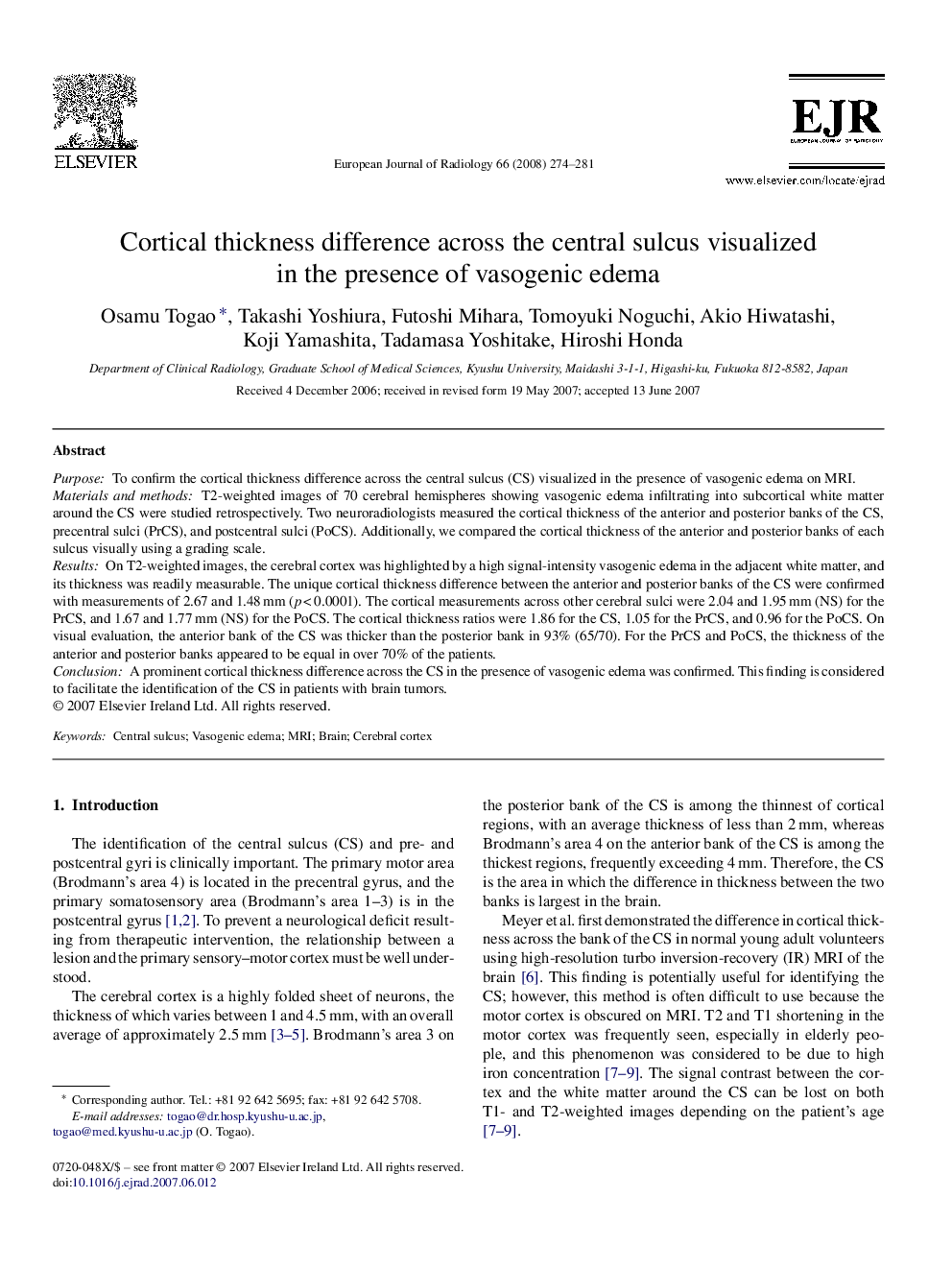 Cortical thickness difference across the central sulcus visualized in the presence of vasogenic edema