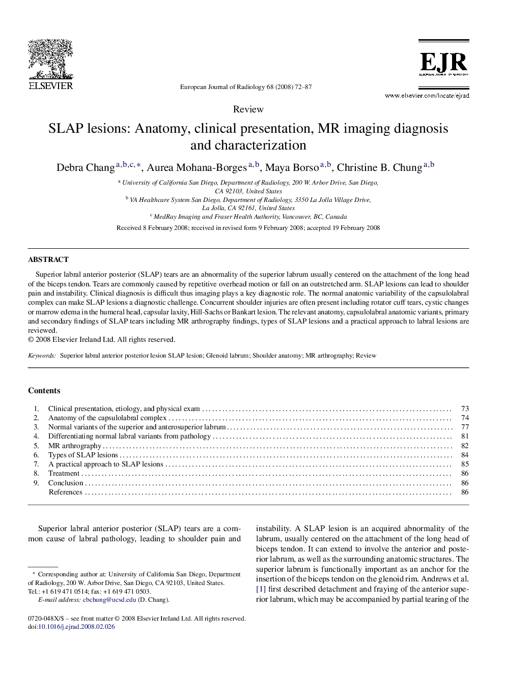 SLAP lesions: Anatomy, clinical presentation, MR imaging diagnosis and characterization