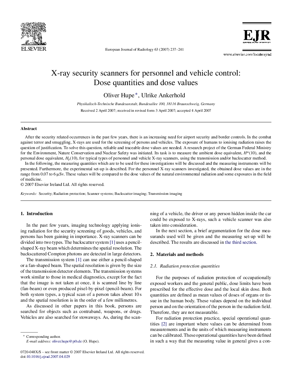 X-ray security scanners for personnel and vehicle control: Dose quantities and dose values