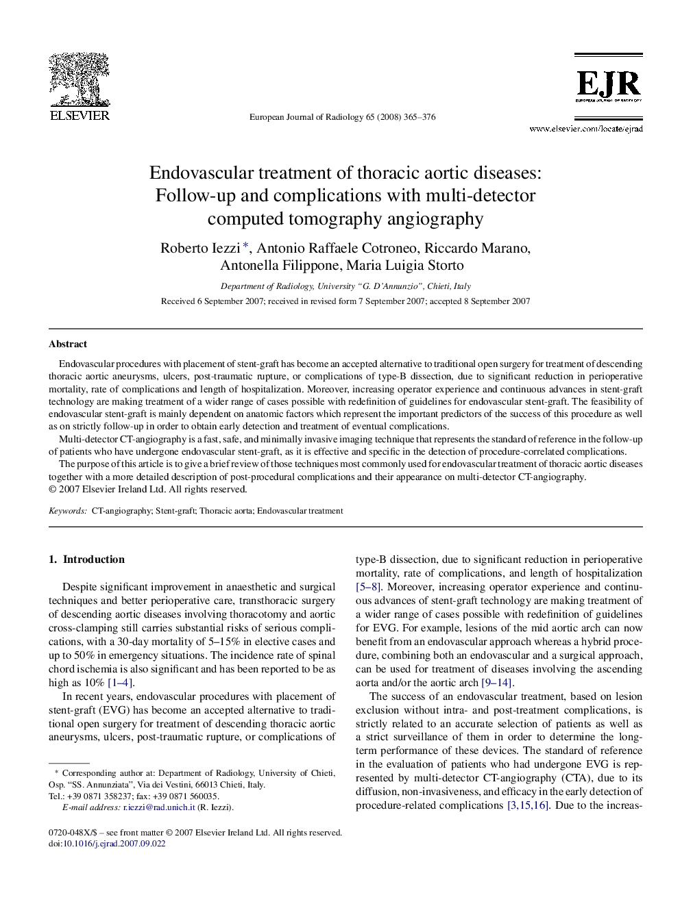 Endovascular treatment of thoracic aortic diseases: Follow-up and complications with multi-detector computed tomography angiography