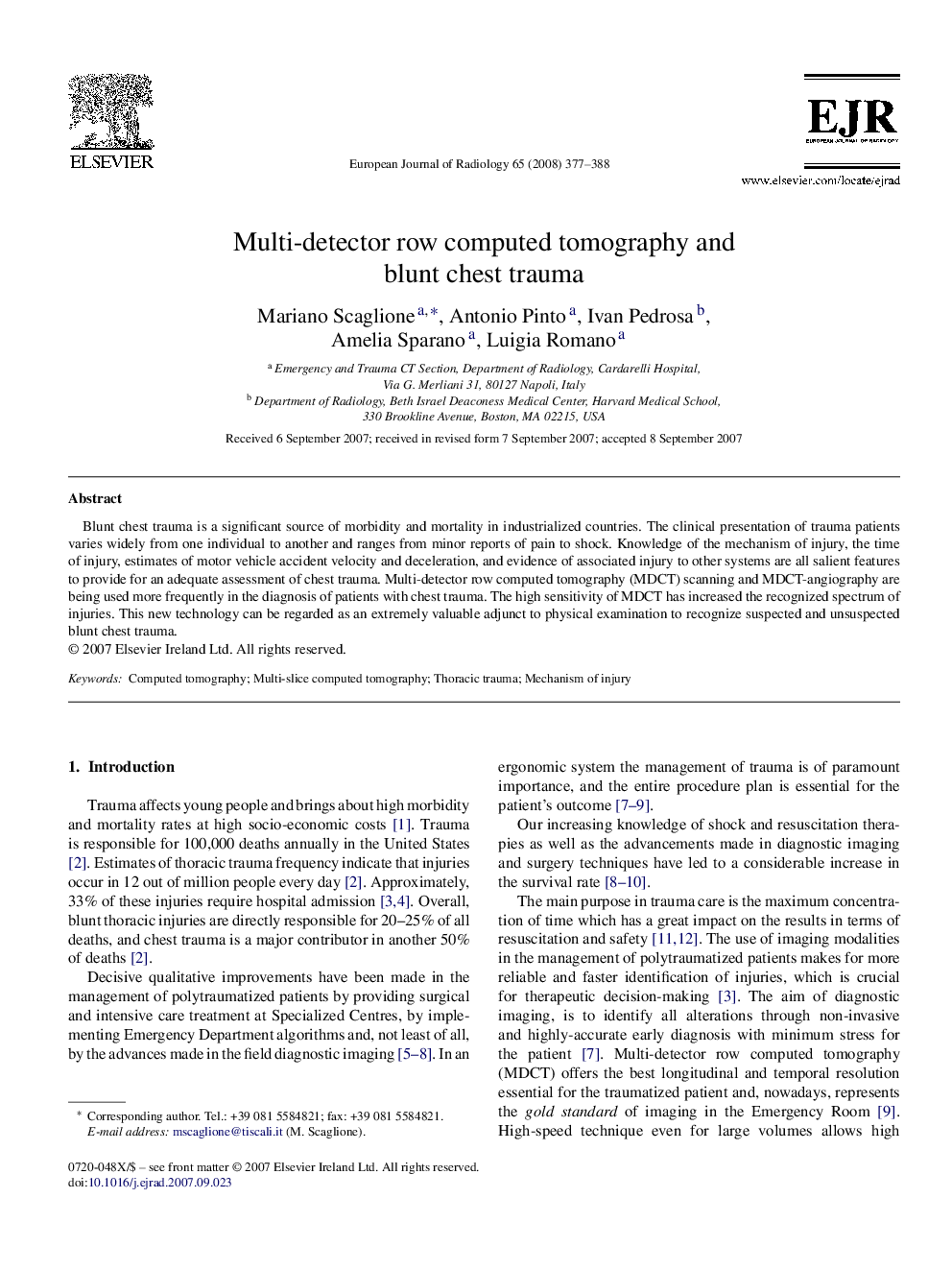 Multi-detector row computed tomography and blunt chest trauma