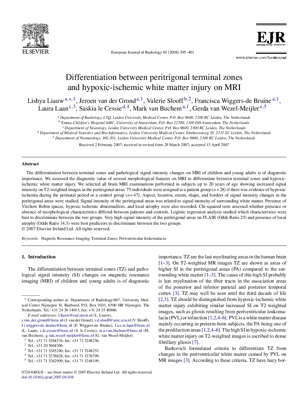 Differentiation between peritrigonal terminal zones and hypoxic-ischemic white matter injury on MRI