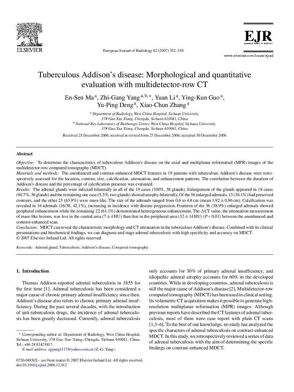 Tuberculous Addison's disease: Morphological and quantitative evaluation with multidetector-row CT