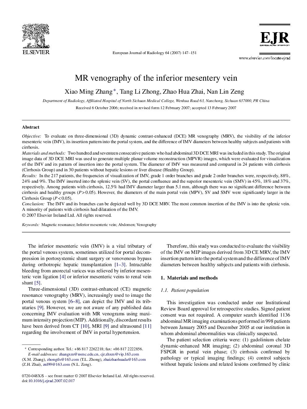 MR venography of the inferior mesentery vein