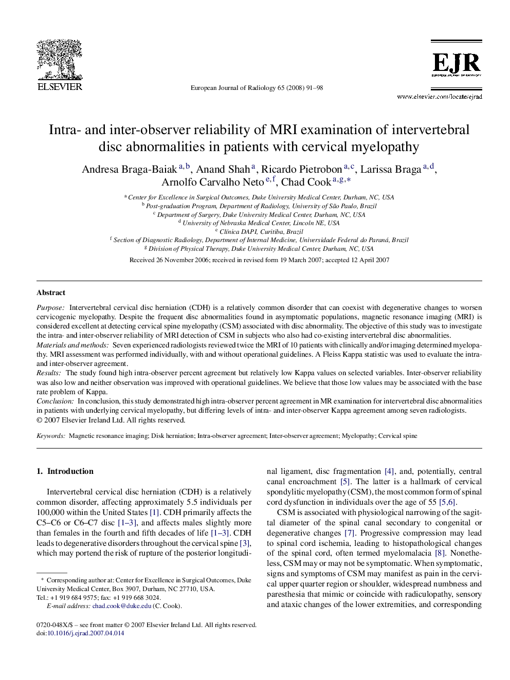 Intra- and inter-observer reliability of MRI examination of intervertebral disc abnormalities in patients with cervical myelopathy