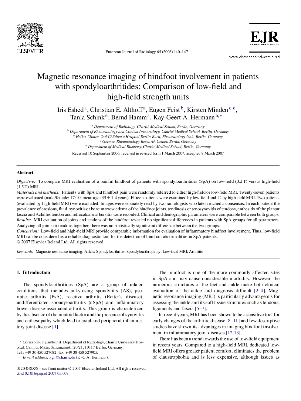 Magnetic resonance imaging of hindfoot involvement in patients with spondyloarthritides: Comparison of low-field and high-field strength units