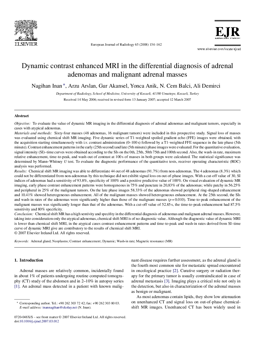 Dynamic contrast enhanced MRI in the differential diagnosis of adrenal adenomas and malignant adrenal masses