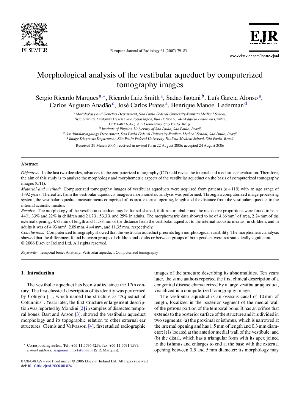 Morphological analysis of the vestibular aqueduct by computerized tomography images