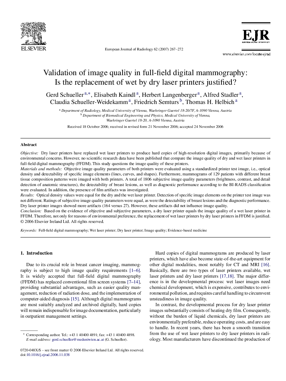 Validation of image quality in full-field digital mammography: Is the replacement of wet by dry laser printers justified?