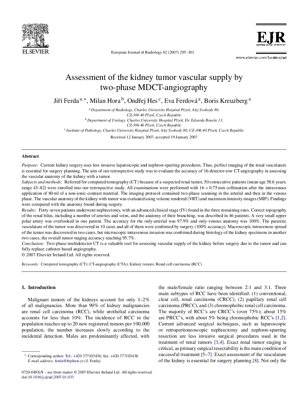 Assessment of the kidney tumor vascular supply by two-phase MDCT-angiography