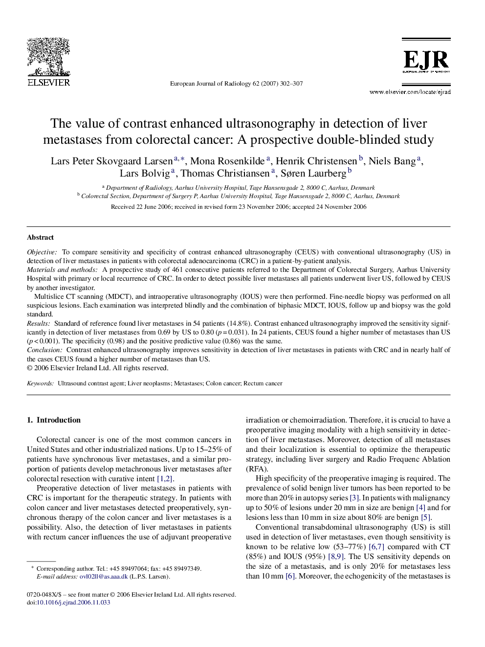 The value of contrast enhanced ultrasonography in detection of liver metastases from colorectal cancer: A prospective double-blinded study