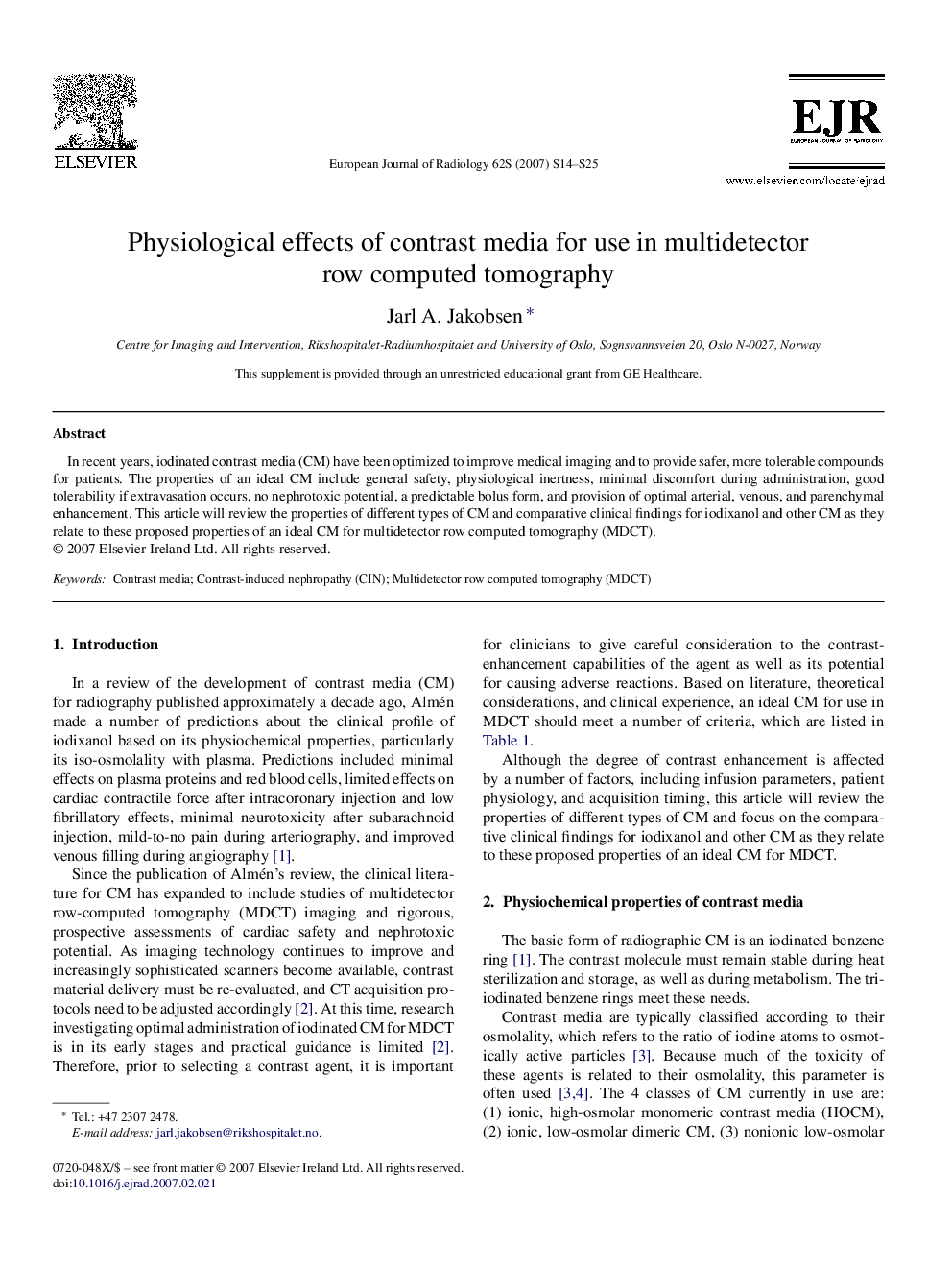 Physiological effects of contrast media for use in multidetector row computed tomography