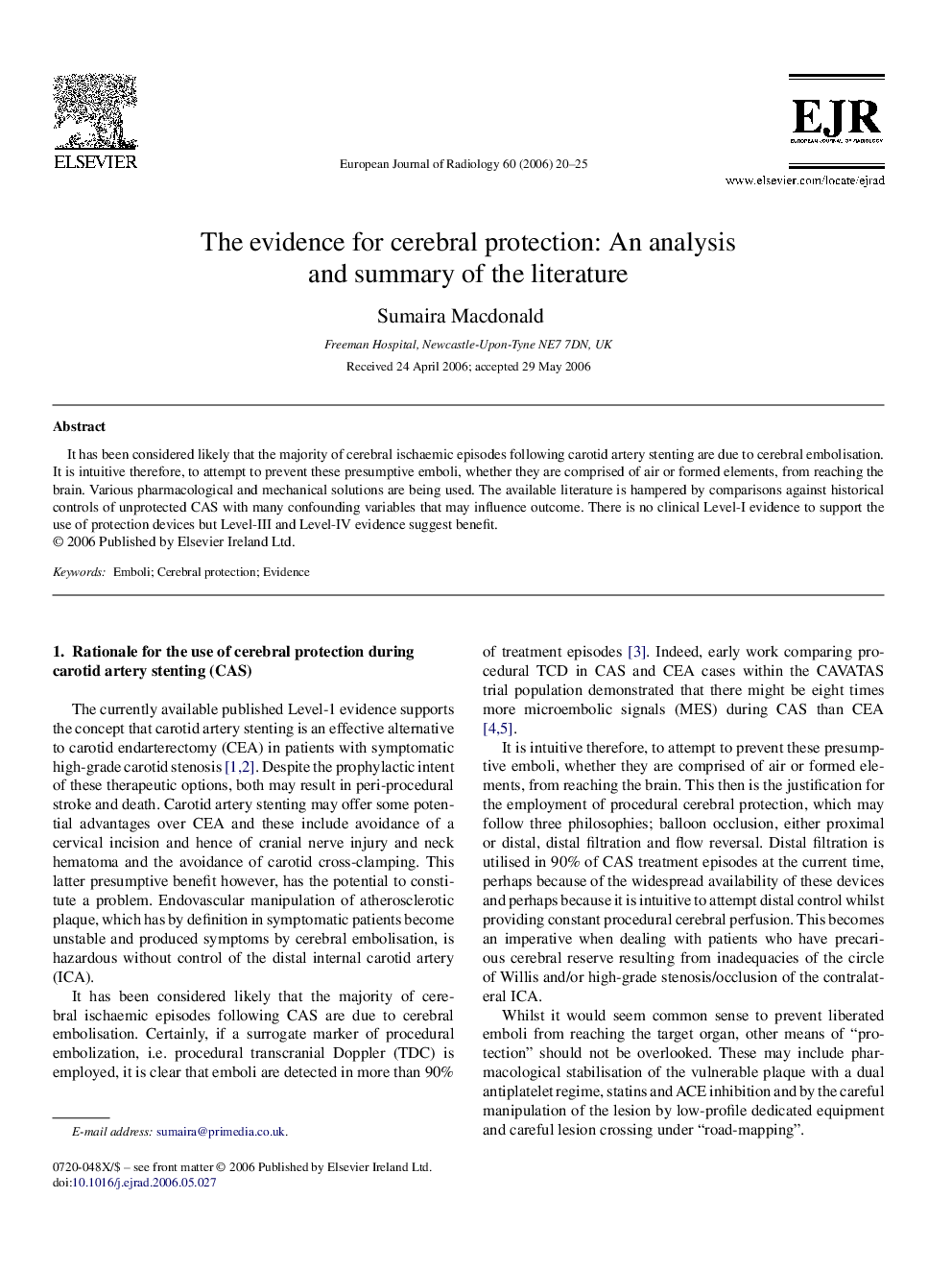 The evidence for cerebral protection: An analysis and summary of the literature