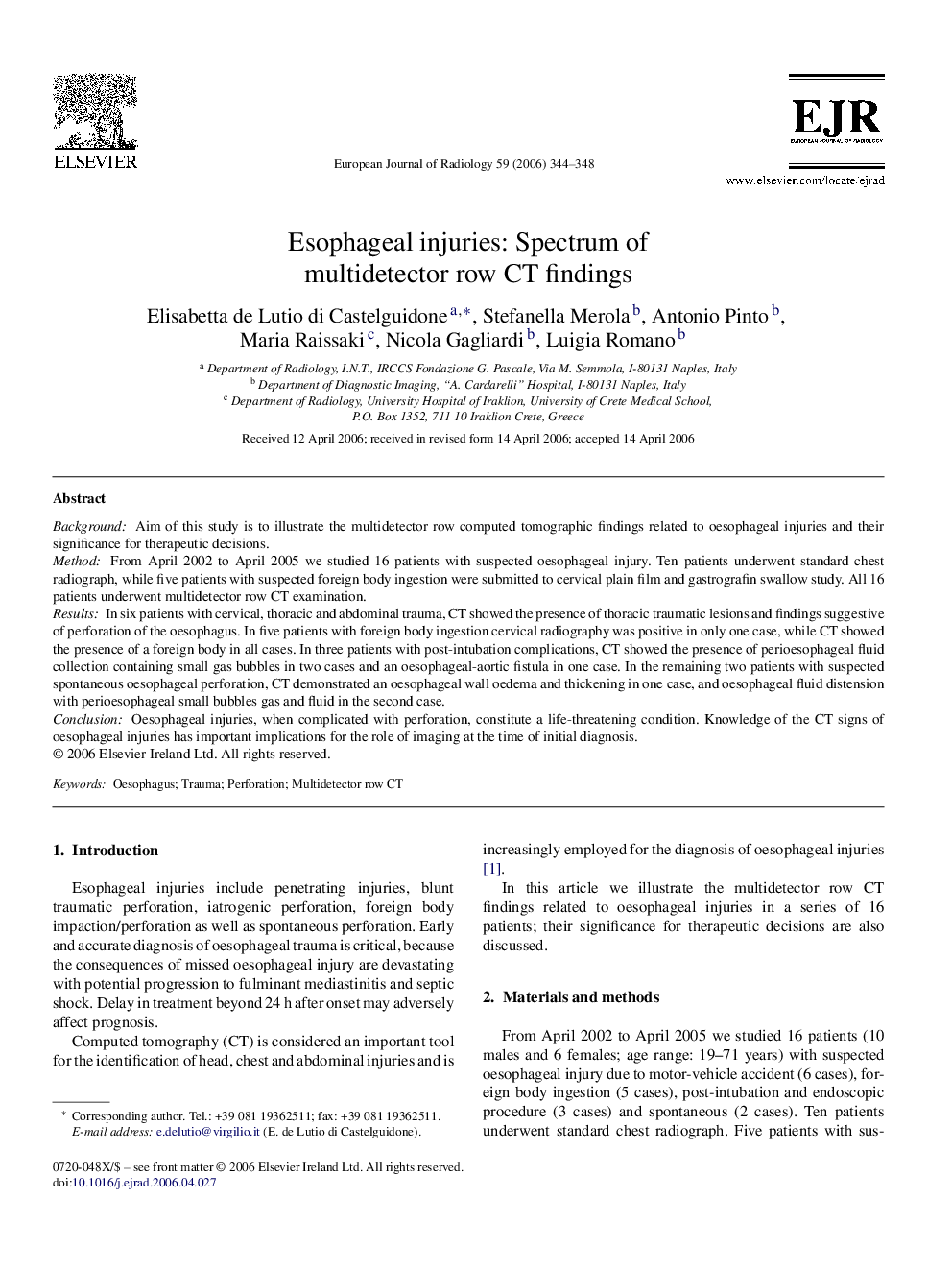 Esophageal injuries: Spectrum of multidetector row CT findings