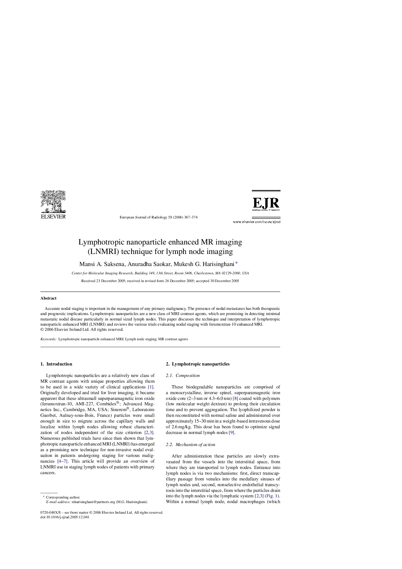 Lymphotropic nanoparticle enhanced MR imaging (LNMRI) technique for lymph node imaging