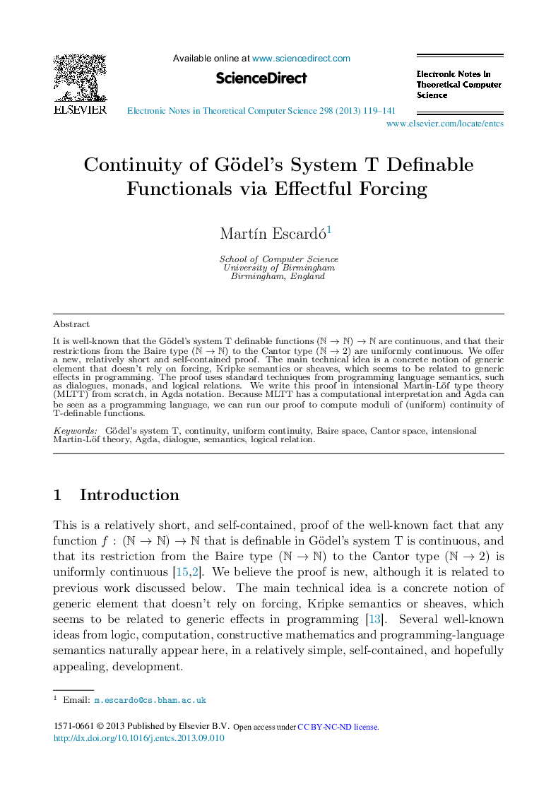 Continuity of Gödelʼs System T Definable Functionals via Effectful Forcing