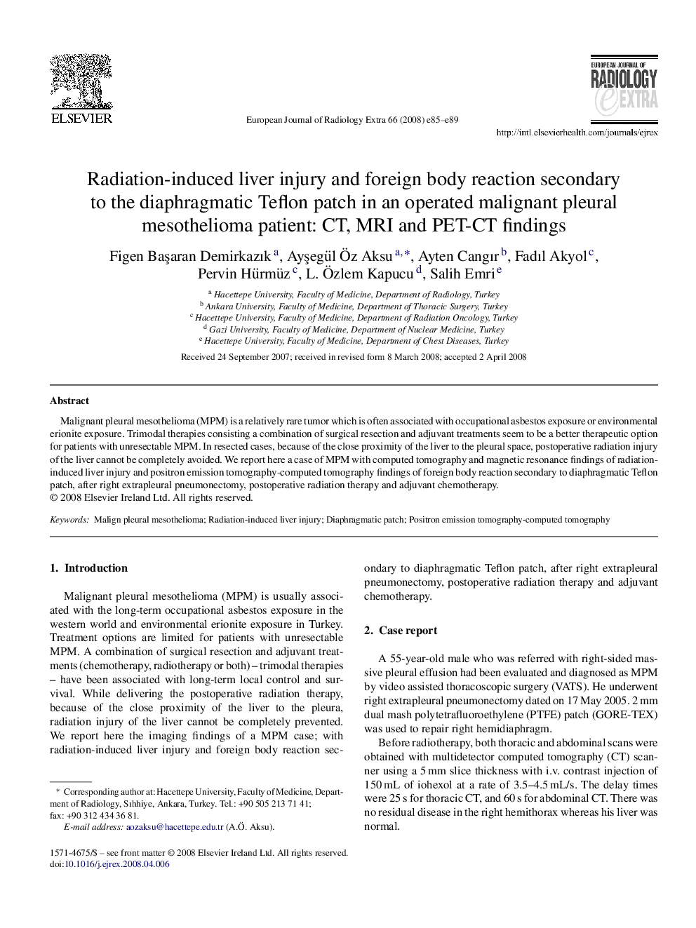 Radiation-induced liver injury and foreign body reaction secondary to the diaphragmatic Teflon patch in an operated malignant pleural mesothelioma patient: CT, MRI and PET-CT findings