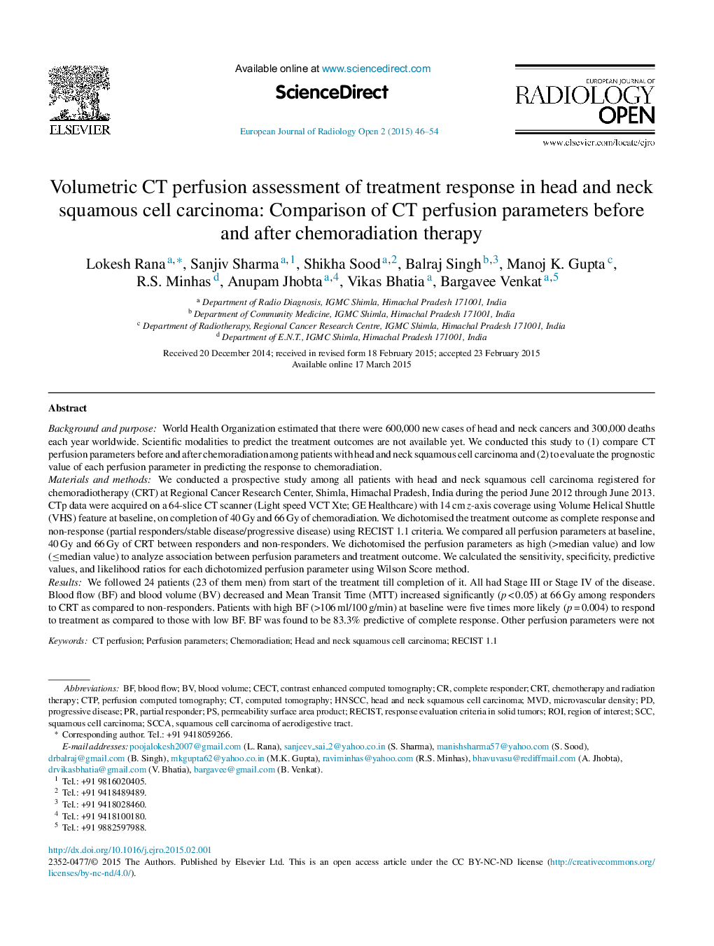 Volumetric CT perfusion assessment of treatment response in head and neck squamous cell carcinoma: Comparison of CT perfusion parameters before and after chemoradiation therapy