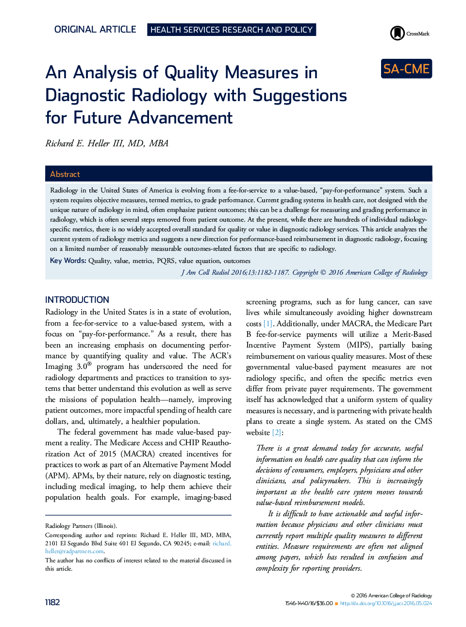 An Analysis of Quality Measures in Diagnostic Radiology with Suggestions for Future Advancement