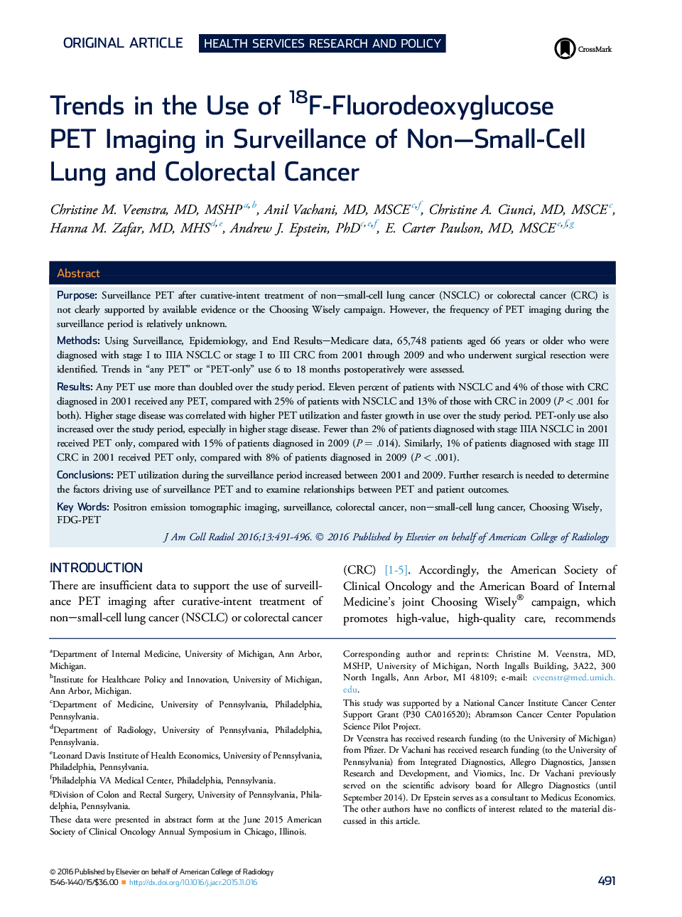 Trends in the Use of 18F-Fluorodeoxyglucose PETÂ Imaging in Surveillance of Non-Small-Cell Lung and Colorectal Cancer