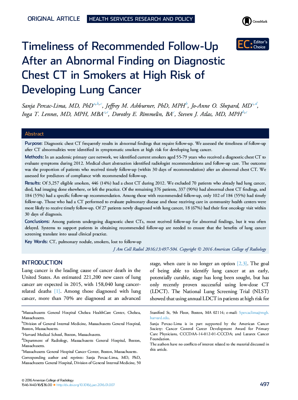 Timeliness of Recommended Follow-Up AfterÂ anÂ Abnormal Finding on Diagnostic ChestÂ CTÂ in Smokers at High Risk of DevelopingÂ Lung Cancer