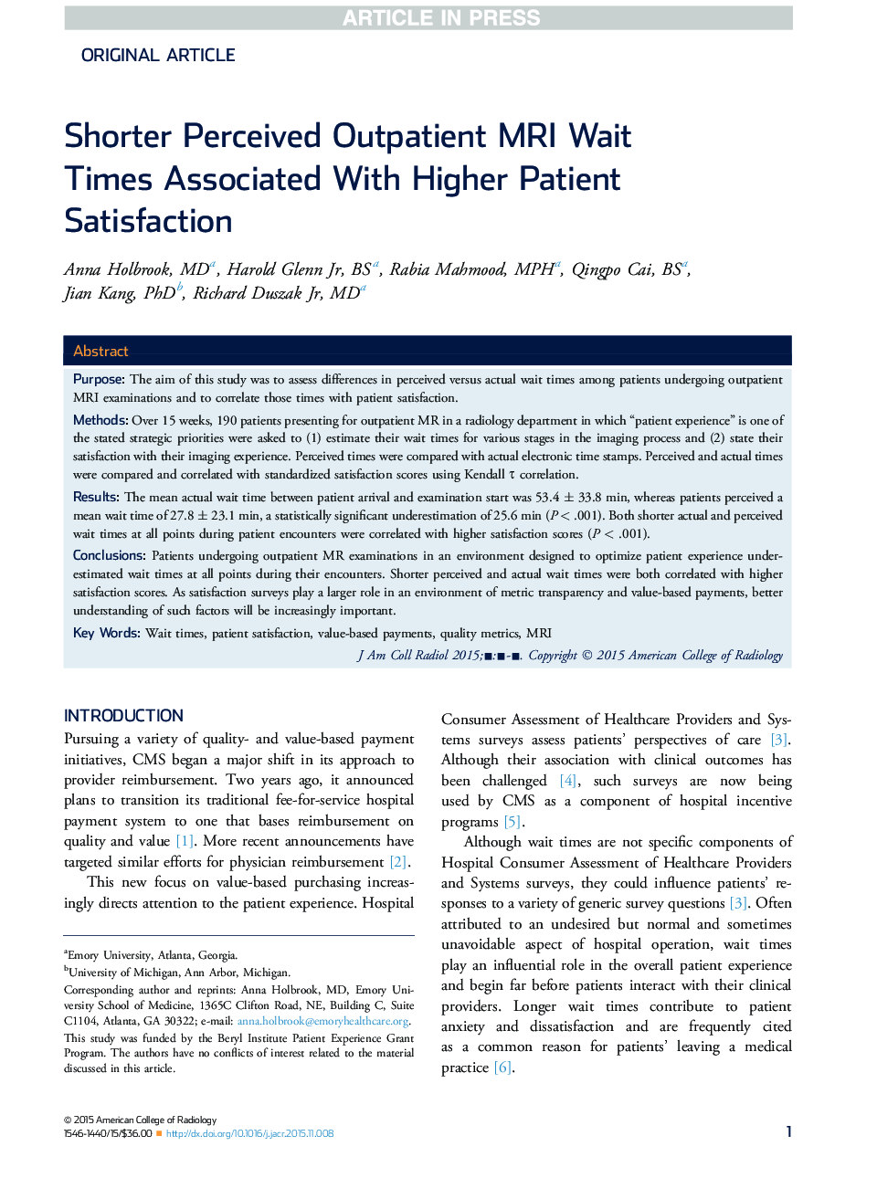 Shorter Perceived Outpatient MRI Wait Times Associated With Higher Patient Satisfaction