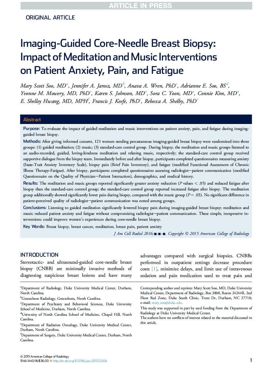 Imaging-Guided Core-Needle Breast Biopsy: Impact of Meditation and Music Interventions on Patient Anxiety, Pain, and Fatigue