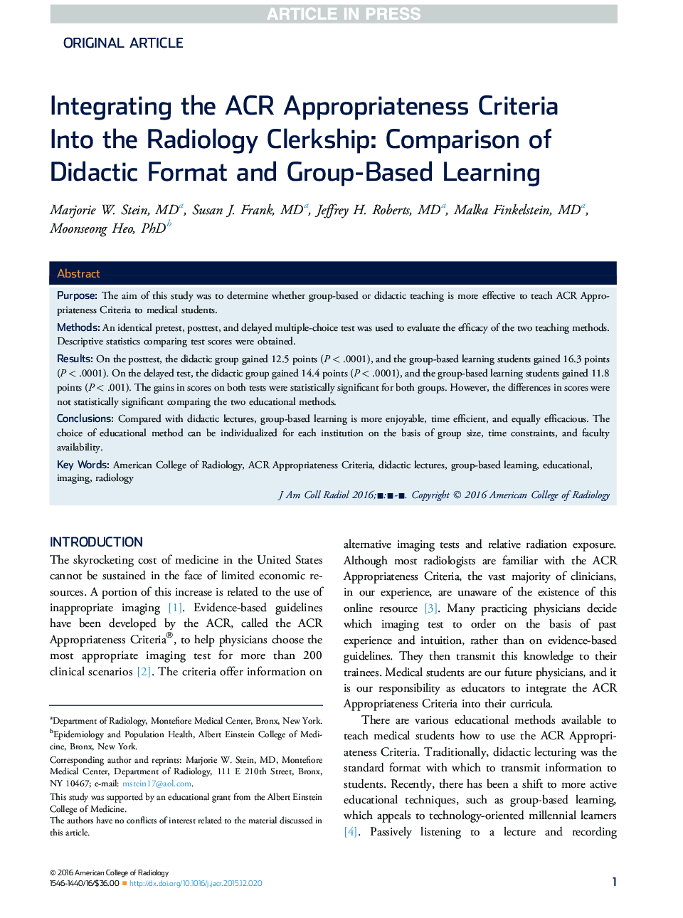 Integrating the ACR Appropriateness Criteria Into the Radiology Clerkship: Comparison of Didactic Format and Group-Based Learning