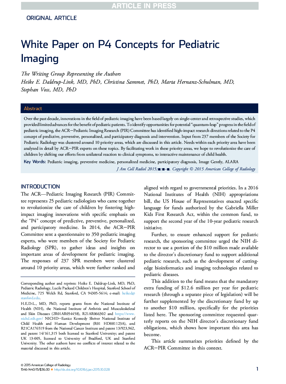 White Paper on P4 Concepts for Pediatric Imaging