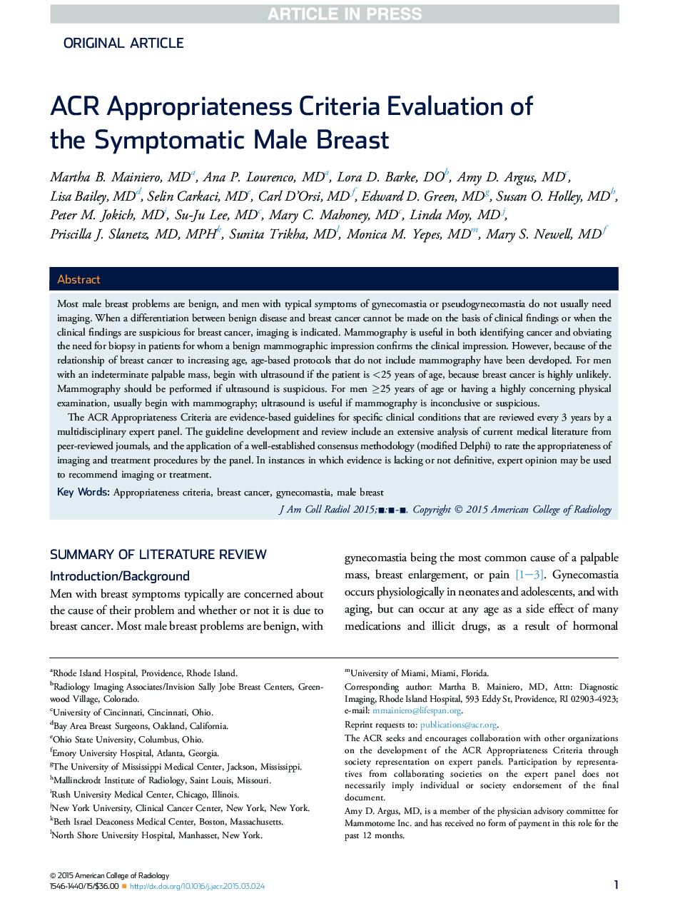 ACR Appropriateness Criteria Evaluation of the Symptomatic Male Breast