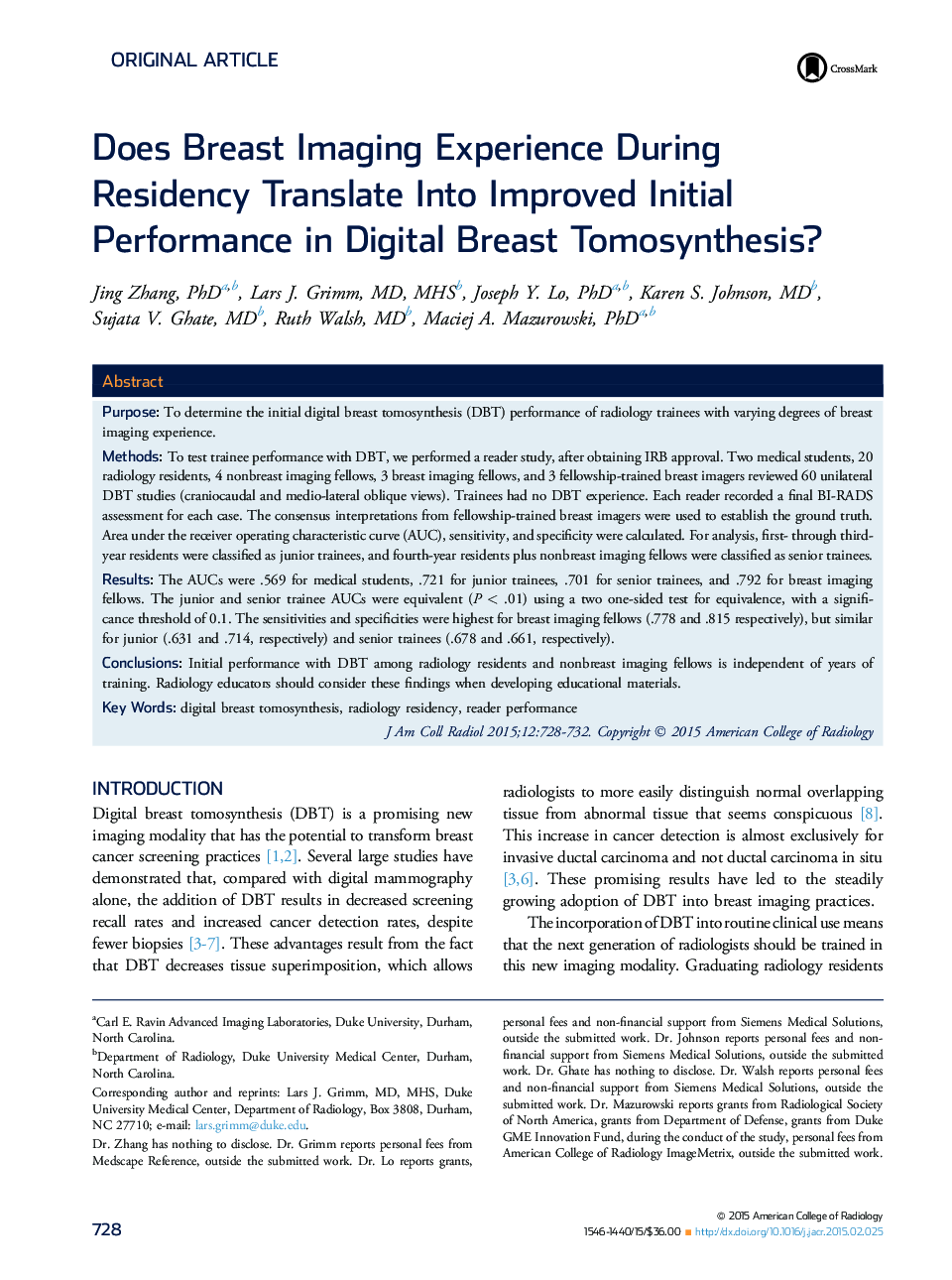 Does Breast Imaging Experience During ResidencyÂ Translate Into Improved Initial Performance in Digital Breast Tomosynthesis?