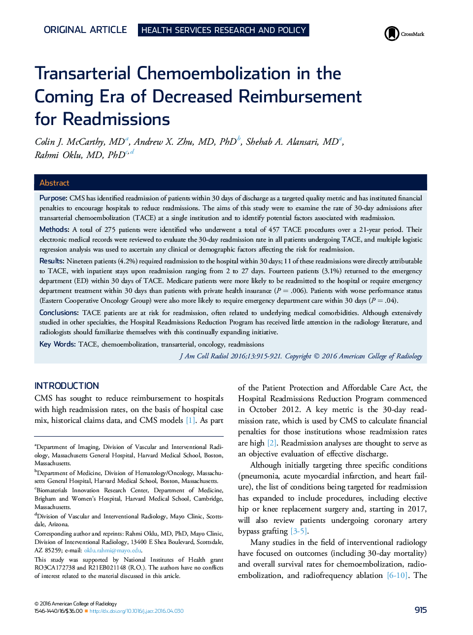 Transarterial Chemoembolization in the Coming Era of Decreased Reimbursement for Readmissions