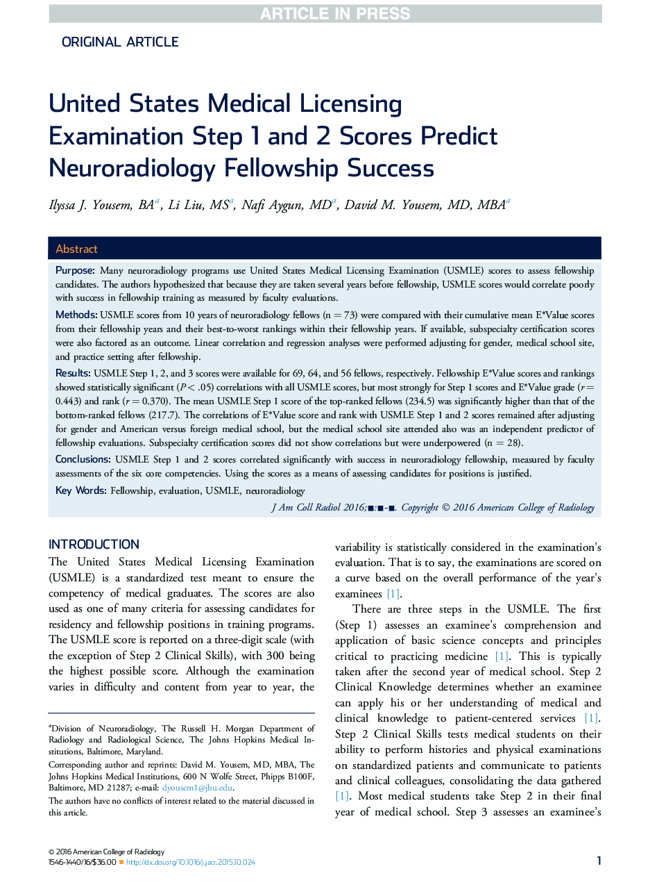 United States Medical Licensing Examination Step 1 and 2 Scores Predict Neuroradiology Fellowship Success