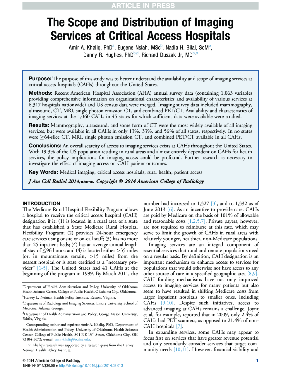 The Scope and Distribution of Imaging Services at Critical Access Hospitals