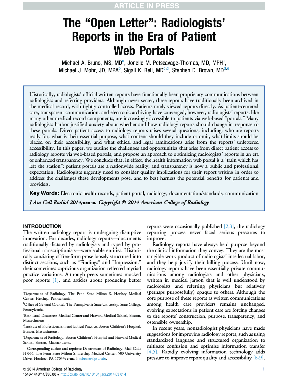 The “Open Letter”: Radiologists' Reports in the Era of Patient WebÂ Portals