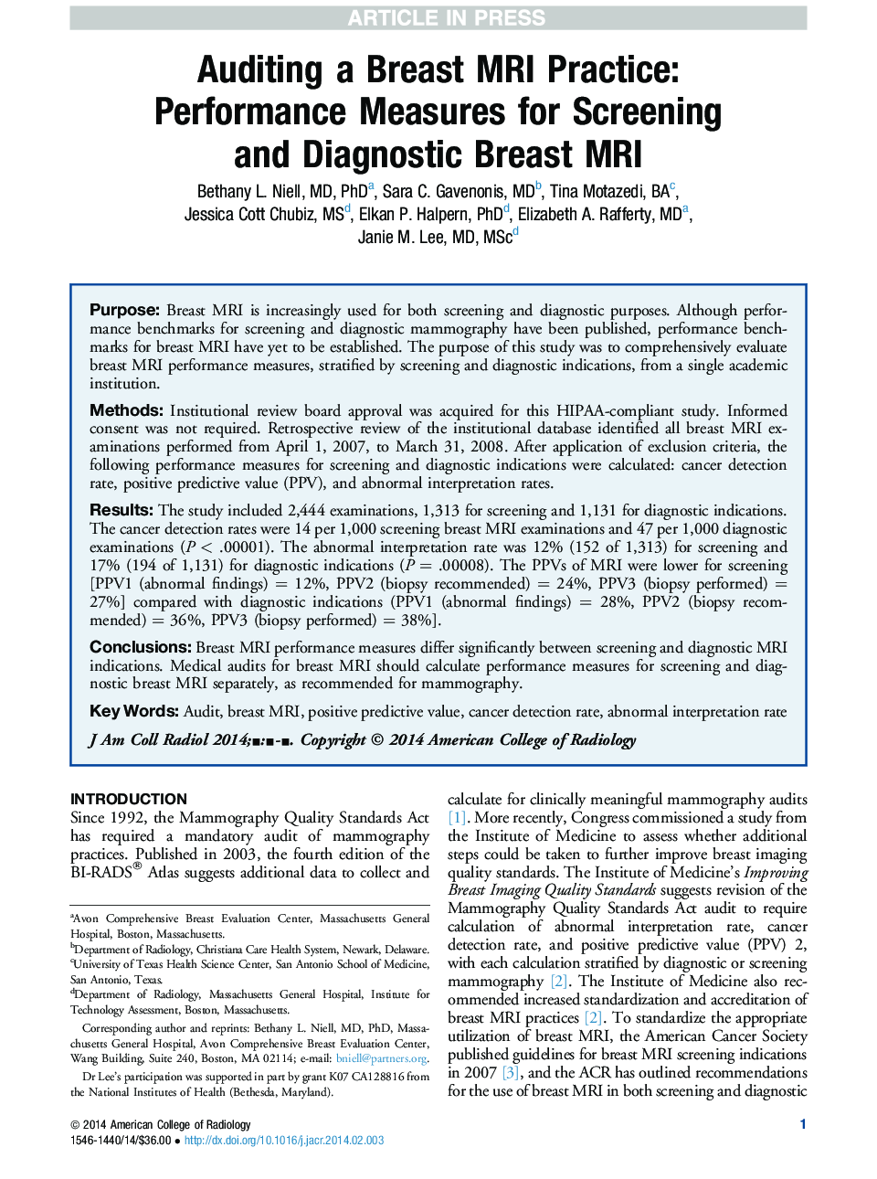 عکس صفحه اول مقاله: Auditing a Breast MRI Practice: Performance Measures for Screening and Diagnostic Breast MRI Auditing a Breast MRI Practice: Performance Measures for Screening and Diagnostic Breast MRI