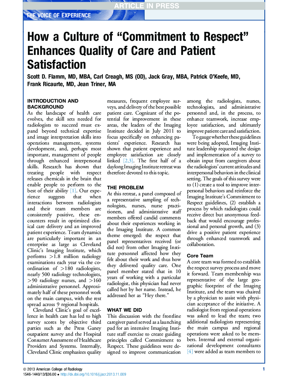 How a Culture of “Commitment to Respect” Enhances Quality of Care and Patient Satisfaction