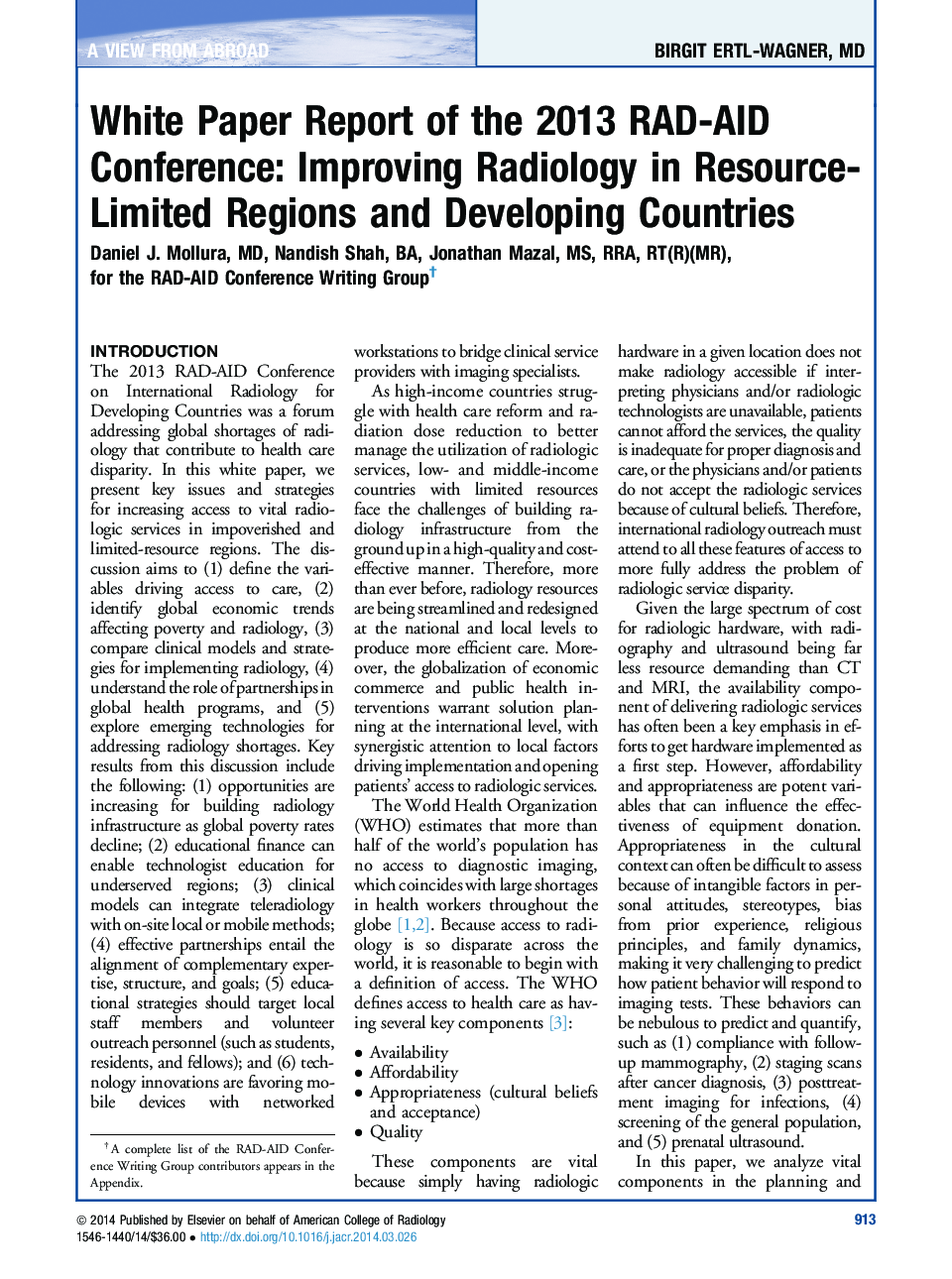 White Paper Report of the 2013 RAD-AID Conference: Improving Radiology in Resource-Limited Regions and Developing Countries