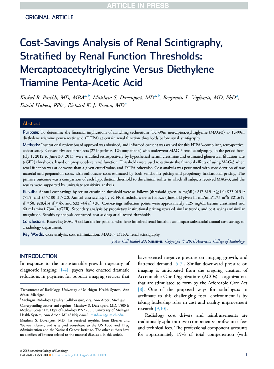 Cost-Savings Analysis of Renal Scintigraphy, Stratified by Renal Function Thresholds: Mercaptoacetyltriglycine Versus Diethylene Triamine Penta-Acetic Acid