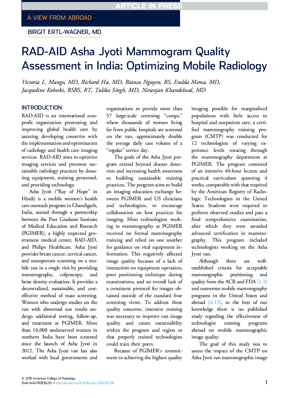 عکس صفحه اول مقاله: RAD-AID Asha Jyoti Mammogram Quality Assessment in India: Optimizing Mobile Radiology RAD-AID Asha Jyoti Mammogram Quality Assessment in India: Optimizing Mobile Radiology