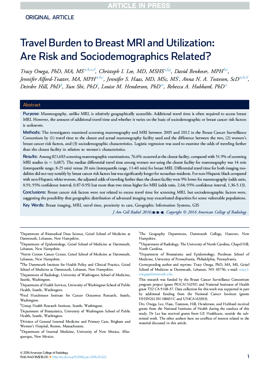 Travel Burden to Breast MRI and Utilization: Are Risk and Sociodemographics Related?