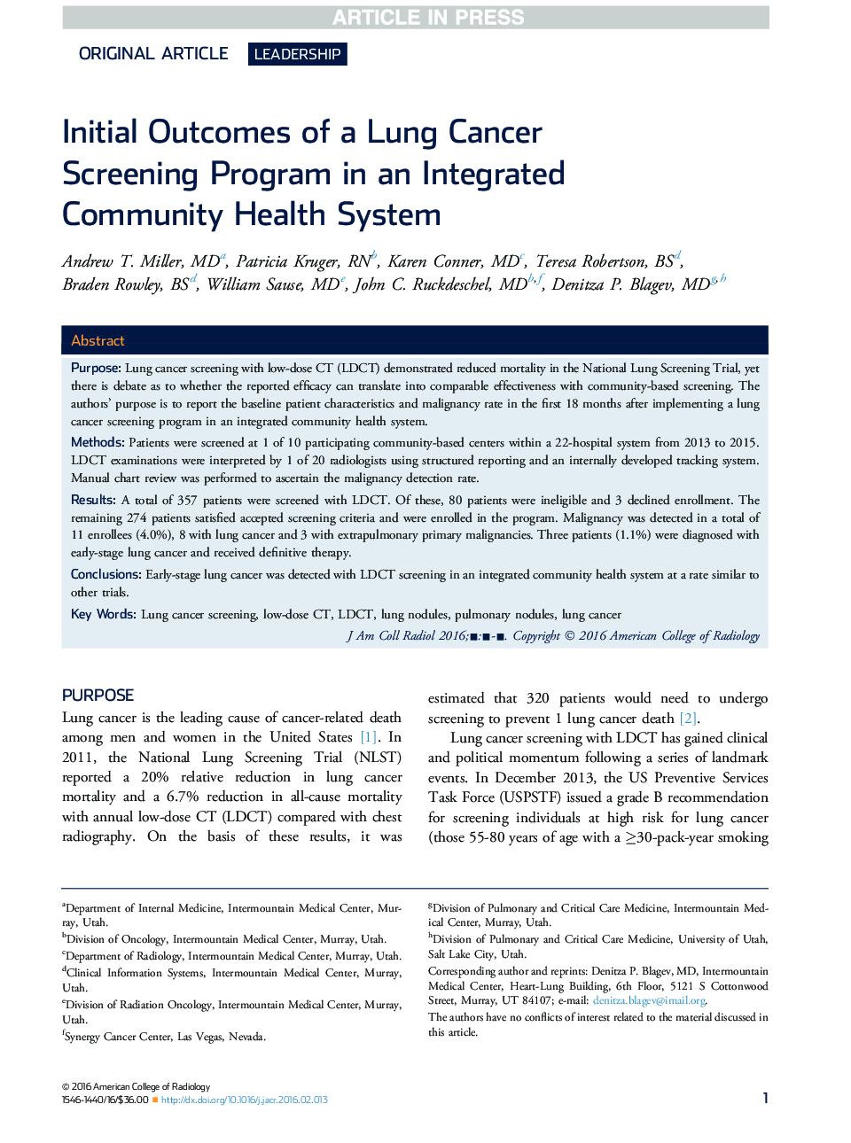 Initial Outcomes of a Lung Cancer Screening Program in an Integrated Community Health System