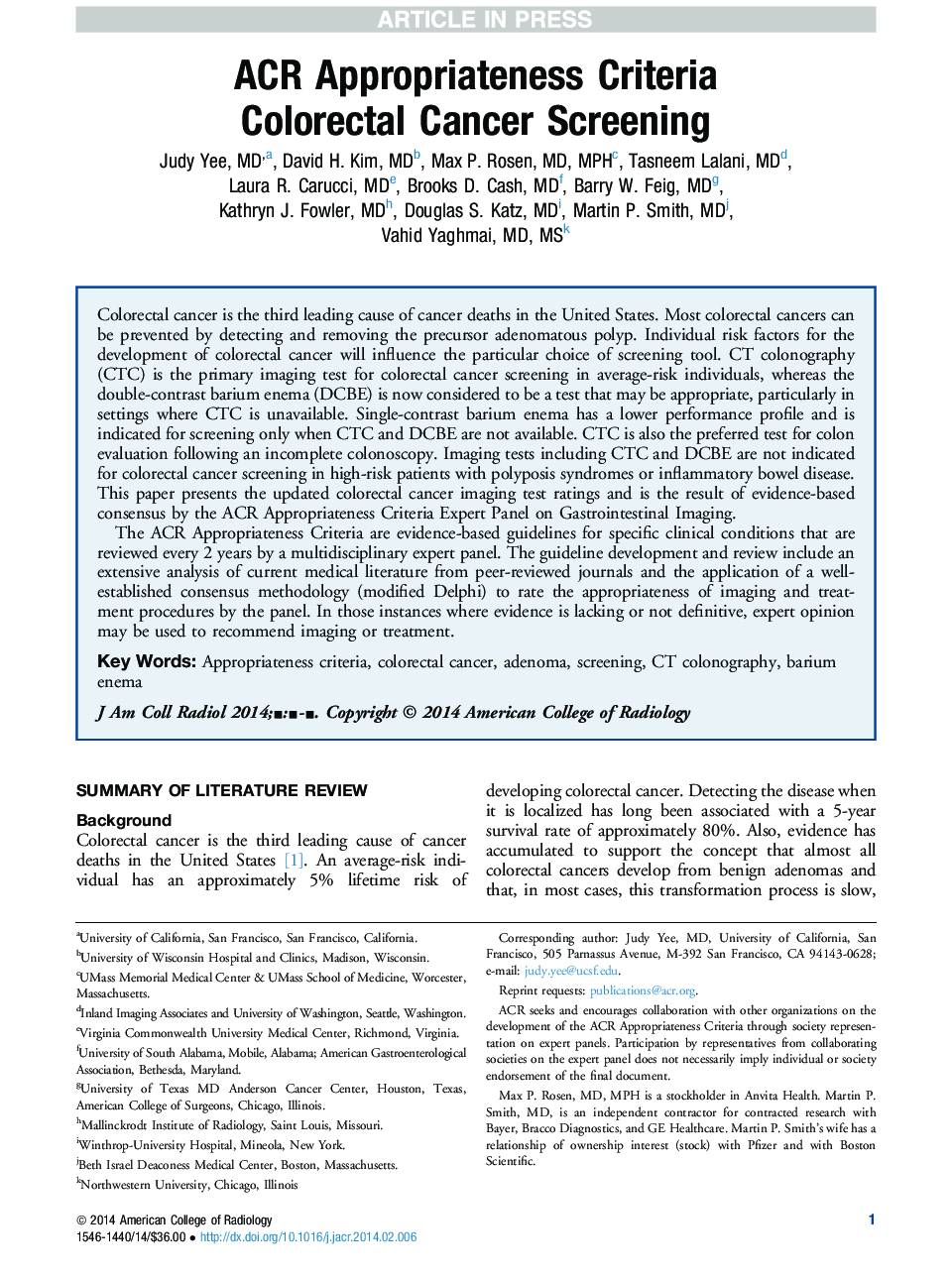 ACR Appropriateness Criteria Colorectal Cancer Screening