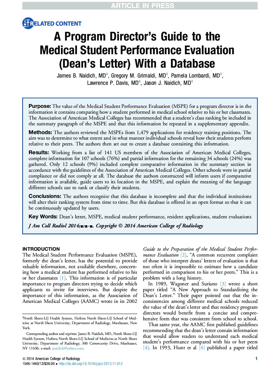 A Program Director's Guide to the Medical Student Performance Evaluation (Former Dean's Letter) With a Database