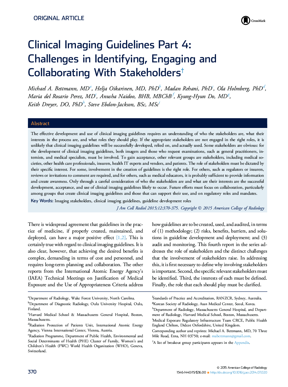 Clinical Imaging Guidelines Part 4: Challenges in Identifying, Engaging and Collaborating With Stakeholdersâ 
