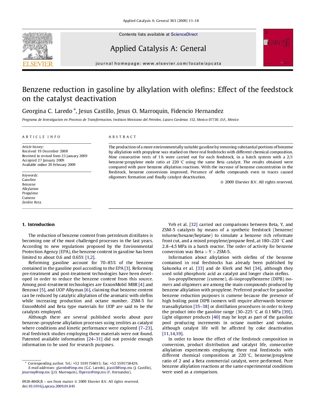 Benzene reduction in gasoline by alkylation with olefins: Effect of the feedstock on the catalyst deactivation