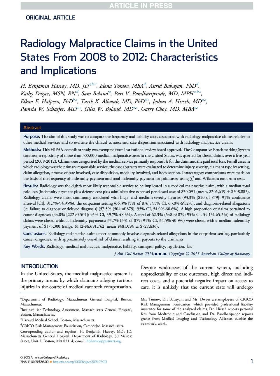 ادعای خسارت رادیولوژیک در ایالات متحده از سال 2008 تا 2012: ویژگی ها و پیامدهای 