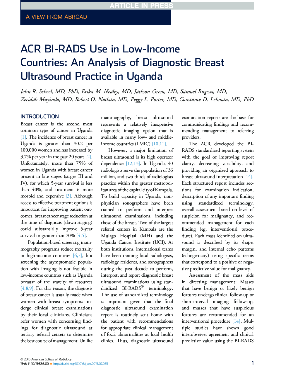 ACR BI-RADS Use in Low-Income Countries: An Analysis of Diagnostic Breast Ultrasound Practice in Uganda