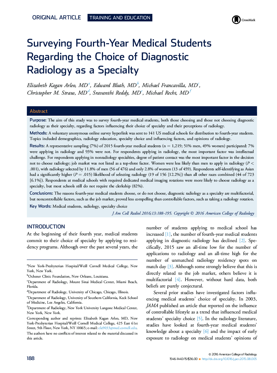 Surveying Fourth-Year Medical Students Regarding the Choice of Diagnostic Radiology as a Specialty