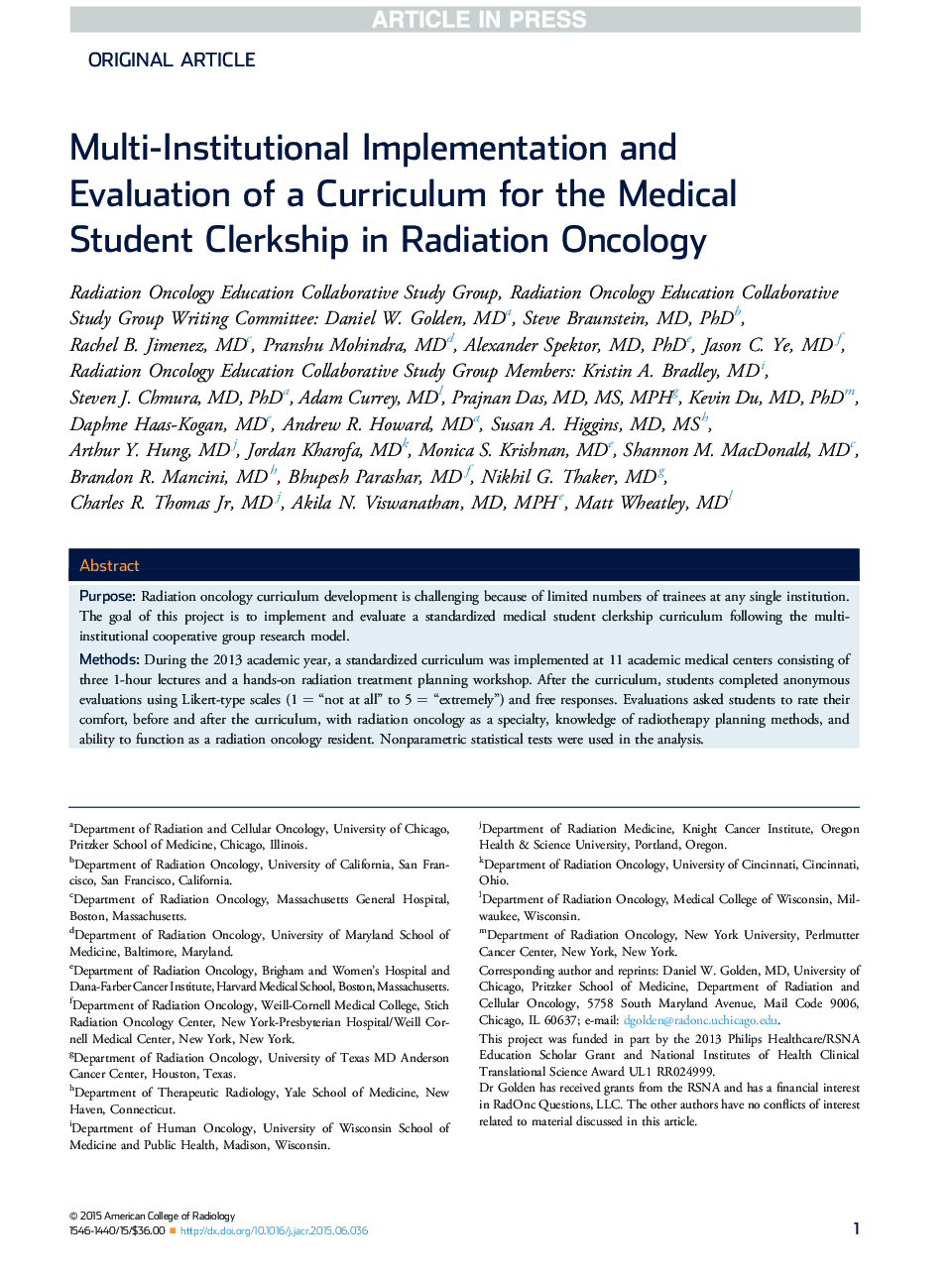 Multi-Institutional Implementation and Evaluation of a Curriculum for the Medical Student Clerkship in Radiation Oncology